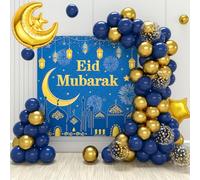 Blue Gold Eid Balloon Arch Kit, 74pcs Ramadan Mubarak Balloon Garland Arch with Eid Mubarak Banner Moon Star Foil Balloon, Umrah Mubarak Decoration Balloons for Home Eid Mubarak Ramadan Kareem Party