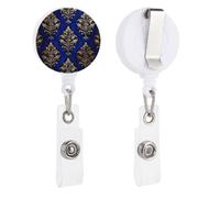 Blue Gold Floral Flower Pattern Retractable Badge Holder Reel Clip ID Card Holder for Doctor Nurse Student Office Worker