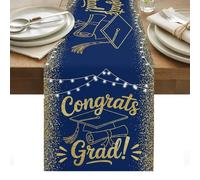 Blue Gold Graduation Cap Table Runner 13 x 48 Inch, Sequins Light Festive Celebration Washable Cotton Linen Dining Table Runner Tabletop Decorations for Restaurant Home Kitchen Party
