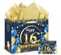 Blue Gold Happy 16th Birthday Gift Bag with Tissue Paper Greeting Card, 11.8'' 16th Birthday Wrap Bag for Boys Girls 16 Year Old Anniversary Party Decorations Goodie Wrapping Presents Decor Supplies