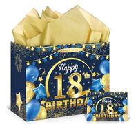Blue Gold Happy 18th Birthday Gift Bag with Tissue Paper Greeting Card, 11.8'' 18th Birthday Wrap Bag for Boys Girls 18 Year Old Anniversary Party Decorations Goodie Wrapping Presents Decor Supplies