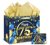 Blue Gold Happy 75th Birthday Gift Bag with Tissue Paper Greeting Card, 11.8'' 75th Birthday Wrap Bag for Men Women 75 Year Old Anniversary Party Decorations Goodie Wrapping Presents Decor Supplies