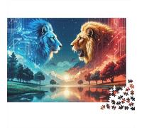 Blue & Gold Lions Sky 1000 Pieces Jigsaw Puzzle Fantasy Lion Pair Difficult Impossible Puzzle Recycled Cardboard for Advanced Puzzlers Gift for Seniors 52x38cm/1000pcs