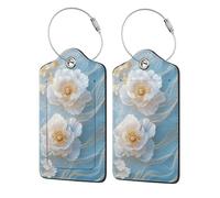 Blue Gold Liquid Water White Peonies Luggage Tag for Suitcase 2 Pack Leather Luggage Tag with Privacy Flap Name Id Label and Metal Loop for Women Men Travel