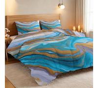 Blue Gold Marble Ocean Waves Coverless Duvet Single 7.5 Tog, Reversible Abstract Bedding Set, Soft Washable Quilt with Pillowcases for All Season Summer Camping Blanket 135 x 200 cm