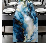 Blue Gold Marble Table Runner 13x108 Inches Long Luxury Gorgeous Ocean Abstract Cotton Linen Table Runner Burlap Style for Dinner Table Party Decor Tabletop Decorations