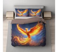 Blue Gold Single Duvet Set, Soft Microfiber Reversible Fantasy Divine Phoenix Duvet Cover (53" x 79") with 1 Pillowcases Cartoon Quilt Cover Bedding Sets with Zipper Closure