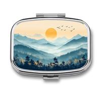 Blue Golden Mountain Forest Minimalist Pill Box 2 Compartment Portable Medicine Pill Case Travel Pill Organizer for Pocket Purse
