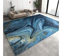 Blue Gradient 5x8 Washable Rug, Luxury Blue Gold Marble Texture Area Rug, Anti-Skid Non-Shedding Easy Clean Low Pile Carpet for Living Room Bedroom Entryway Hallway Office Apartment Porch