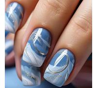 Blue Gradient Cloud-Patterned False Nails with Glitter & Gold Accents for Square Nails - 24PCS Short Square Press on with Glue Tools for French Manicure, Glossy Reusable Fake for Everyday & Party Wear