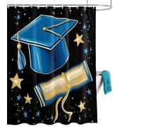 Blue Graduation Cap Shower Curtain for Bathroom, Diploma Yellow Sparkling Stars Abstract Tassels Black Waterproof Cloth Fabric Bathroom Accessories Set with 12 Rust Proof Plastic Hooks, 56” x 78”
