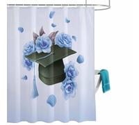 Blue Graduation Cap Shower Curtain for Bathroom, Rose Flower Gradient Abstract Tassels Waterproof Cloth Fabric Bathroom Accessories Set with 12 Rust Proof Plastic Hooks, 36” x 72”