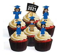 Blue Graduation Girl #3 Ethnic Mixed Race Edible Cupcake Toppers - Stand Up Wafer Cake Decorations (Pack of 24)
