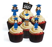 Blue Graduation Girl Mix Ethnic Mixed Race Edible Cupcake Toppers - Stand Up Wafer Cake Decorations (Pack of 60)