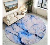 Blue Graphic Print Round Rug 90 cm, Minimalist Washable Floor Carpet | Low Profile Anti-Skid Circle Runner, Contemporary Pattern Floor Mat for Entryway, High Traffic Corridors & Bedside