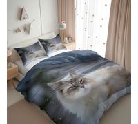 Blue Gray Duvet Cover Sets Cat In The Snow, Soft Luxury Brushed Microfiber Duvet Cover Set, Reversible Bedding Sets 3pcs with Zipper Closure, for Boys Girls King Size
