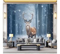 Blue-Gray Wallpaper Mural, Minimalist Deer Nature Forest 3D Wall Mural Large Wall Murals Hd Printing Water Proof, Non-Woven Print Photo Wallpaper for Bedroom Living Room Decor - 350 x 256 cm (W x H)