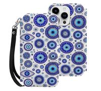 Blue Greek Evil Eyes Phone Case Compatible for iPhone 15 Pro Wallet Cases Protective Cover for Women Men