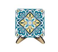 Blue Greek Tile Cork Coaster Set - Mediterranean Inspired Decor Gift - Set of Four (4) Square Drinks Coasters & Wood-Effect Stand