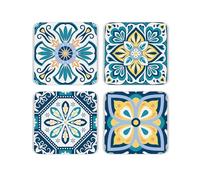 Blue Greek Tile Cork Coaster Set - Mediterranean Inspired Decor Gift - Set of Four (4) Square Drinks Coasters