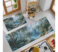Blue-Green 2 Pieces Non Slip Kitchen Rug Set, Tropical Jungle Water Absorbent Floor Mats,Watercolor Palm Tree Flowers Kitchen Carpets And Rugs For Home Dining Room And Entryway, 50X80Cm+50X120Cm