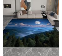 Blue-Green Area Rugs 60 x 90 cm, Machine Washable Rug Nature Photography Forest Mountains Moon Carpet Non-Shedding Soft Living Room Carpets Anti Slip Floor Mat for Hallway Bedroom Kitchen Office