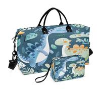 Blue Green Dinosaurs Leaves Cute Travel Duffel Bags Gym Bag Weekender Handbag with Toiletry Bag for Women Girls Men