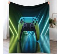 Blue Green Fluffy Warm Flannel Blanket 220 x 240 cm, Modern Science Fiction Printed Soft Flannel Washable Throw Blanket, Game Controller Neon Adults Cozy Blankets for Bed Couch Office Sofa and Travel