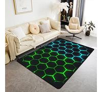 Blue Green Honeycomb Area Rug 5'x7' Neon Light Geometric Hexagon Decor Rug for Teens Adults Modern Patchwork Plaid Simple Style Non Slip Carpet for Living Room Bedroom