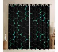 Blue Green Honeycomb Print Blackout Curtains for Boys Girls Geometric Curtains, Modern Abstract Window Curtains Black Teal Reticulated Plaid Curtains Beehive Geometrical Curtains,2 Panels 66x72