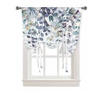 Blue Green Leaves Kitchen Window Shades Tie Up Curtains, Rustic Leaf Branches Balloon Curtain Valances for Windows, Funny Country Farmhouse Valance Drapes for Cafe, Living Room, Bedroom 34"x45"