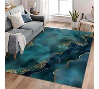 Blue Green Marble Area Rug, 160x200cm, Luxurious Teal Gold Textured Carpet for Bedroom, Durable Foldable Soft Large Indoor Rugs, Cozy Pet Friendly Breathable Carpets for Floor Dining Room