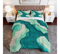 Blue-Green Marble Stripes Coverless Duvet King 7.5 Tog, Reversible Abstract Bedding Set, Soft Washable Quilt with Pillowcases for All Season Summer Camping Blanket 240 x 220 cm