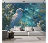 Blue-Green Mural Wallpaper for Living Room Bedroom Decor - Egrets Bloom On The Water'S Surface Wall Mural, Animal Illustrations Wall Art, Silk Photo Wallpaper 3D Effect for TV Background Decor