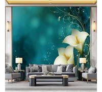 Blue-Green Non-Woven Photo Wallpaper Mural 500 x 280 cm Plant Lily Elegant Photo Wallpaper - Bedroom Wall Art Decoration, Eco-Friendly Mural for Living Room Kids Bedroom