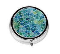 (Blue Green Pattern) Round Pill Box with 3 Compartments Small Portable Pill Organizer for Travel