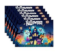 Blue-Green Pumpkin Castle Printed Placemats Set Of 6Pcs For Halloween Party,Cartoon Characters Pattern Place Mats 45X30 Cm Anti Slip Table Mats,Waterproof Placemats Oil Proof Washable