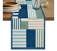 Blue Green Striped Blocks Table Runner, Abstract Scandinavian Blue Stripes Cotton Linen Kitchen Dining Table Runner Home Decor for Party Festival Holiday Decoration Gift 18x72in