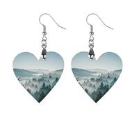 Blue Green Tree Landscape Wooden Earrings for Women, Vintage Elegant Wood Jewelry, Lightweight Earrings for Wedding, Party, Everyday Jewelry Gift, Love, Wood, wood