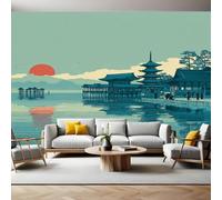 Blue-Green Wall Mural 250 x 180 cm Japanese Style loft Landscape Painting Non-Woven Art Print Wallpaper Mural for Walls Living Room Bedroom TV Background Boys Girls Kids Rooms Decoration