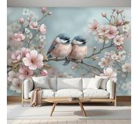 Blue-Green Wallpaper Mural Realistic Art Cherry Blossom Branches Small Birds 3D Silk Fabric Walls Mural Photo Wallpaper, Art Print Decor for Living Room Kids' Bedroom Photo Wall Decoration 200x140cm