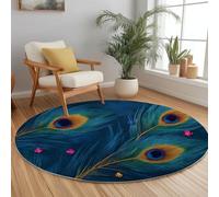Blue-Green Washable Round Rug Area Rug, Abstract Peacock Feathers Print Large Rug with Upgrade Anti-slip PVC Material for Bedroom Classic Round Carpet Non Shedding, 90 cm