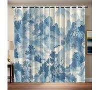 Blue Grey Ancient Landscape Painting 95% Blackout Curtains for Bedroom 2 Panels Hills Forests Curtains for Living Room Grommet Thermal Insulated Room Darkening Window Drapes, 66.1 x 90.2 Inch