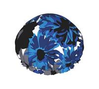 Blue Grey Black Flowers Waterproof Shower Cap,Elastic Bathing Hair Cap Environmental Protection Hair Bath Caps, Double WaterproofBathing Shower Hat