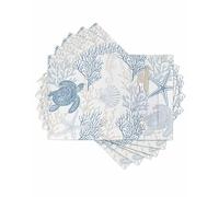 Blue Grey Coastal Placemats Set of 6, Woven Placemat Washable Wipeable Table Placemat with Pocket, Holiday Cloth Table Mat for Party Kichen Dinner Sea Turtle Nautical Coral Summer Beach