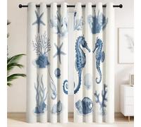 Blue-Grey Seahorses, Starfish, Coral, Shells Blackout Curtains - Holiday Home, Bathroom Window Drapes, Oceanic, Cool Tones, Coastal, Vintage Thermal Insulated Window Curtains