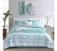 Blue Grey Striped Queen Size Duvet Cover - Teal and Gray Stripe Printed Pattern Reversible Microfiber Comforter Cover Bedding Sets - 3PC 90 x 90 Soft Bed Sets, Modern Abstract Style for Women Men
