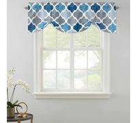 Blue Grey Tie Up Valances Curtain, Geometric Morocco Quatrefoil Lattice Adjustable Rod Pocket Short Window Treatment Tie Up Curtains Valances for Kitchen Living Room Bathroom 42x18 Inches