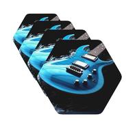 Blue Guitar Coasters for Drinks Set of 4 Non-slip Leather Coaster Heat Resistant Drink Coaster for Tabletop Protection Absorbent Cup Mat for Coffee Table Decor Hexagon