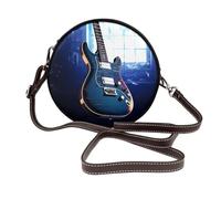 Blue Guitar Round Leather Shoulder Bag for Women with Detachable Strap, Stylish Crossbody Circle Purse